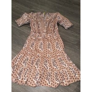 Spartina 449‎ Boho Floral Smocked Off Shoulder Mini Dress Tan Brown